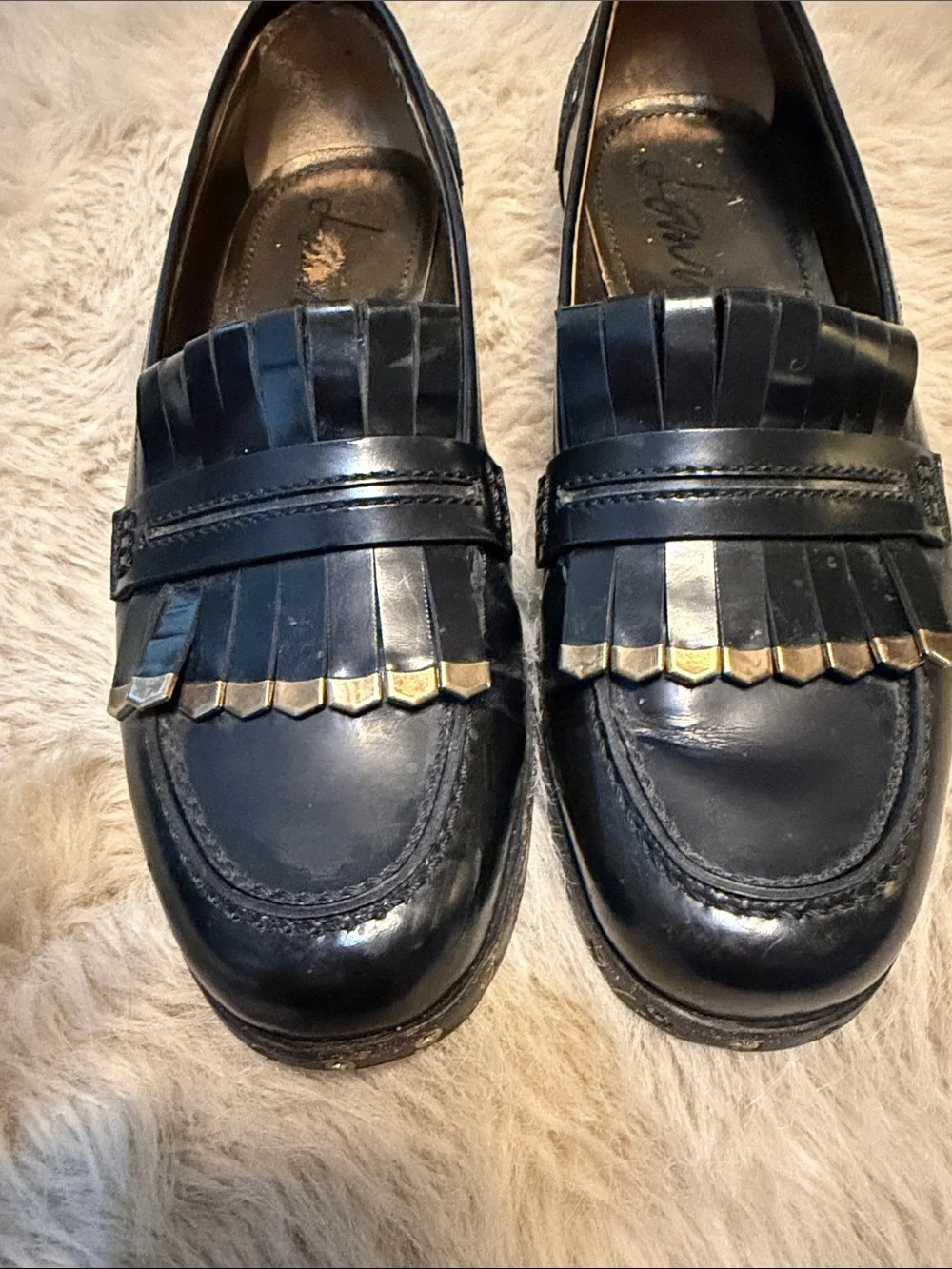 LANVIN Black Leather Tassel Loafers with Gold Stud Accents LUXURY Sz 39 (8.5)